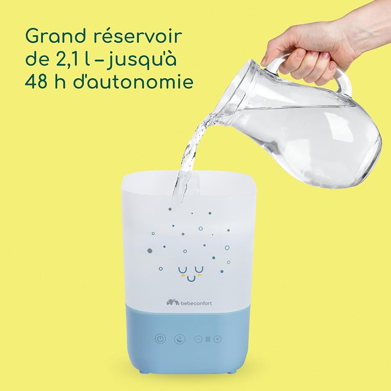 Humidificateur D'air Bébé Cool-Mist, Veilleuse Bébé 7 Couleurs, Technologie Ultrasonique (Jusqu'à 48h), Réservoir Easy-Fill 2,1 l, Arrêt Automatique, Brosse de Nettoyage Incluse, Bleu