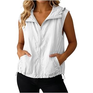Sun Protection Hooded Vest for Women UPF 50+ UV Jackets Sleeveless Zip Up Shirts Drawstring Summer Outdoor Tops