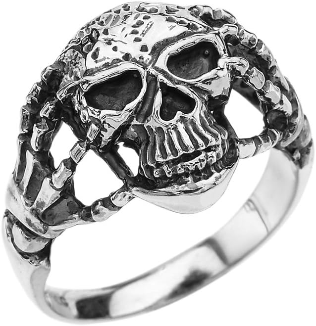 Sterling Silver Skeletal Hands Skull Ring (Size 8)