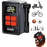 Synric Mini Bike Tire Pump, 150PSI Fast Inflate Bike Pump with Gauge, Auto Stop, Portable Electric Air Pump with Presta & Schrader Valve, 360° Flexible Hose for Mountain Bike, Road Bike, E-Bike