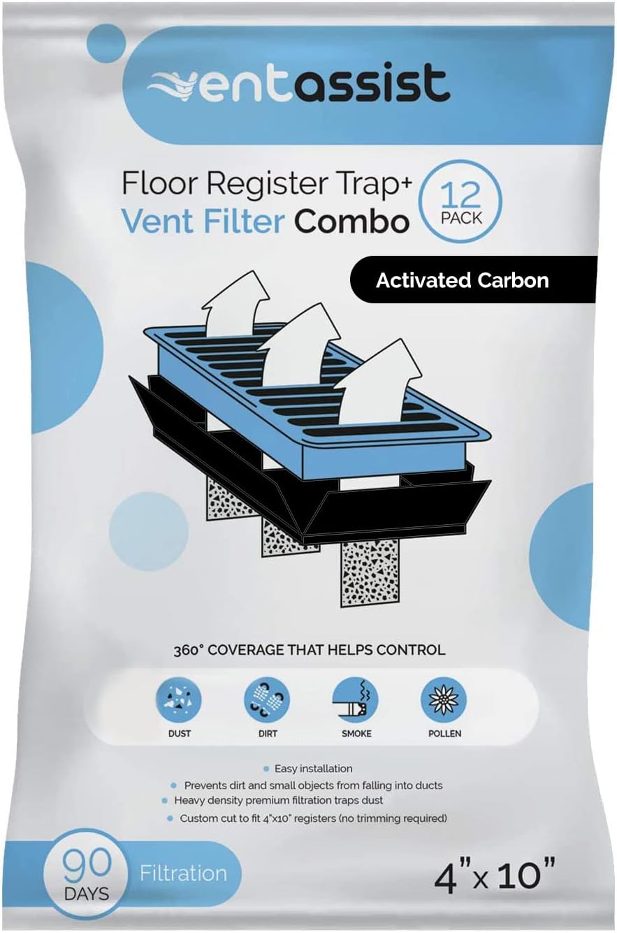 Registers, Grilles & Vents - Vent Assist Floor Register Vent Grate Trap and Air Filter Combo - Filtration for House HVAC Ventilation - Helps Control Dust and Pollen - Pre Cut (Activated Carbon, 4 Inches x 10 Inches, 12 Pack)