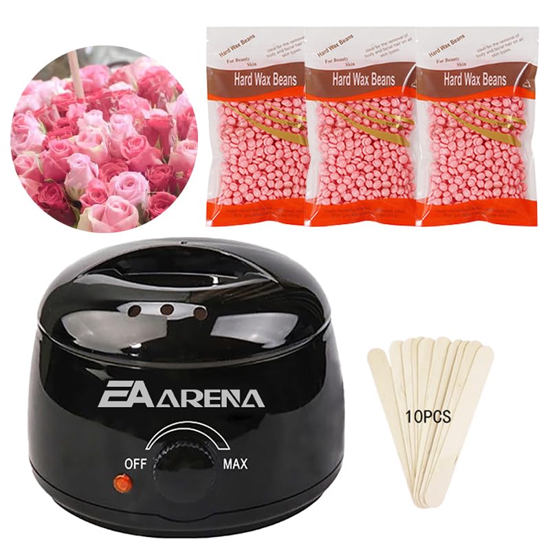 Wax Warmer Kit for Hair Removal With Bowl, 3 Bags Wax Beads, and Applicator Sticks - Professional Waxing Machine for Full Body at Home (Rose Black Pot)