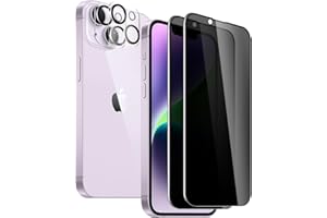 2 Pack Privacy Screen Protector for iPhone 14 with 2 Pack Camera Lens Protector, 9H Hardness Double Shatterproof Anti-Spy Tem