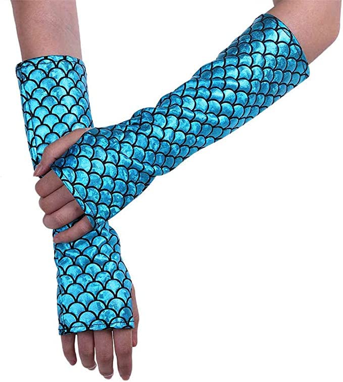 RUNHENG Women's Shimmery Mermaid Gloves Fish Scale Fingerless Long Gloves Elbow Length Halloween Carnival Masquerade (Blue)