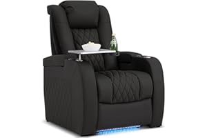 PBRO Home Theater Seating Genuine Leather Recliner Chair, Power Reclining & Headrest, USB A/C Charging Ports, Tray Table, Cup Holder Ambient Lighting Black