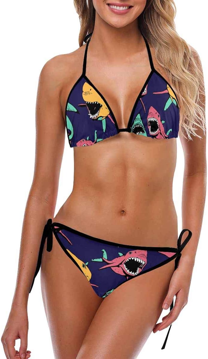 INTERESTPRINT Women's Bikini Cartoon Shark Bathing Suits Tie Sides Bottom 2 Pieces Swimsuit