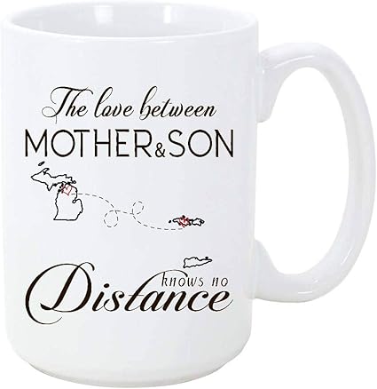 Amazon Co Jp 遠距離恋愛マグカップ 15オンス ミシガン州 米国バージン諸島 母と息子の間の愛は距離を知らない ママが大好き 息子からの母の日のギフト 州から州までmi Vi ホーム キッチン