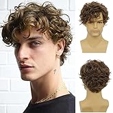 Tseses Short Brown Wigs for Men Curly Layered Natural Looking Side Part Hair Heat Resistant Halloween Synthetic Wigs with Wig Cap (Brown)