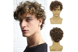 Tseses Short Brown Wigs for Men Curly Layered Natural Looking Side Part Hair Heat Resistant Halloween Synthetic Wigs with Wig Cap (Brown)