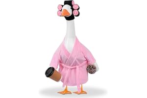yuboo Winter Porch Goose Outfit 23 Inch Pink, Lady Goose Clothes Valentines Porch Geese Accessories Pink Pajamas Robe Curlers and Coffee Cup for Outdoor Garden Yard Lawn New Years Decoration