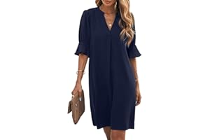 Famulily Womens Dresses V Neck Puff Sleeve Solid Loose Fit Casual Summer Beach Flowy Shirt Dress