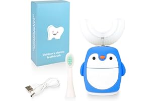 RENAELELIFE Kids Sonic Electric Toothbrush U Shaped Automatic Timer IPX7 Waterproof 5 Modes 360° Oral Cleaning Teeth Whitening Gums Massage Replaceable Soft Cartoon for 2-7 (Blue Penguin)