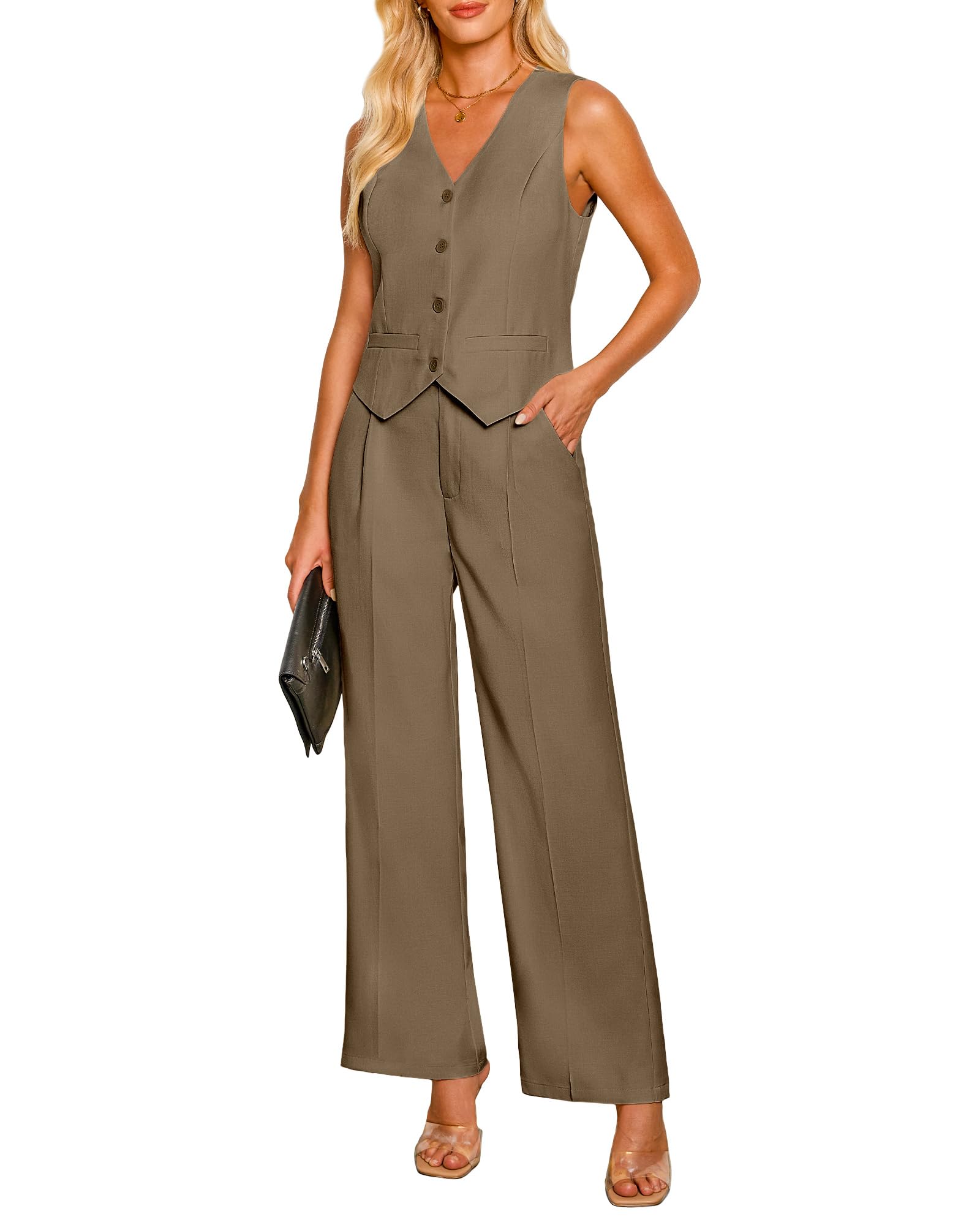 Photo 1 of **Pants Only** luvamia Pant Suits for Women Dressy Casual 2 Piece Sets Sleeveless Blazer Vest with High Rise Wide Leg Pants Work Office Women Summer Outfits for Women Green Sets Women 2 Piece Outfits Size 10