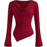 PRETTYGARDEN Womens Bell Long Sleeve Shirts Casual Cowl Neck Asymmetrical Slim Fit Crop Tops Y2K Going Out Spring Clothes