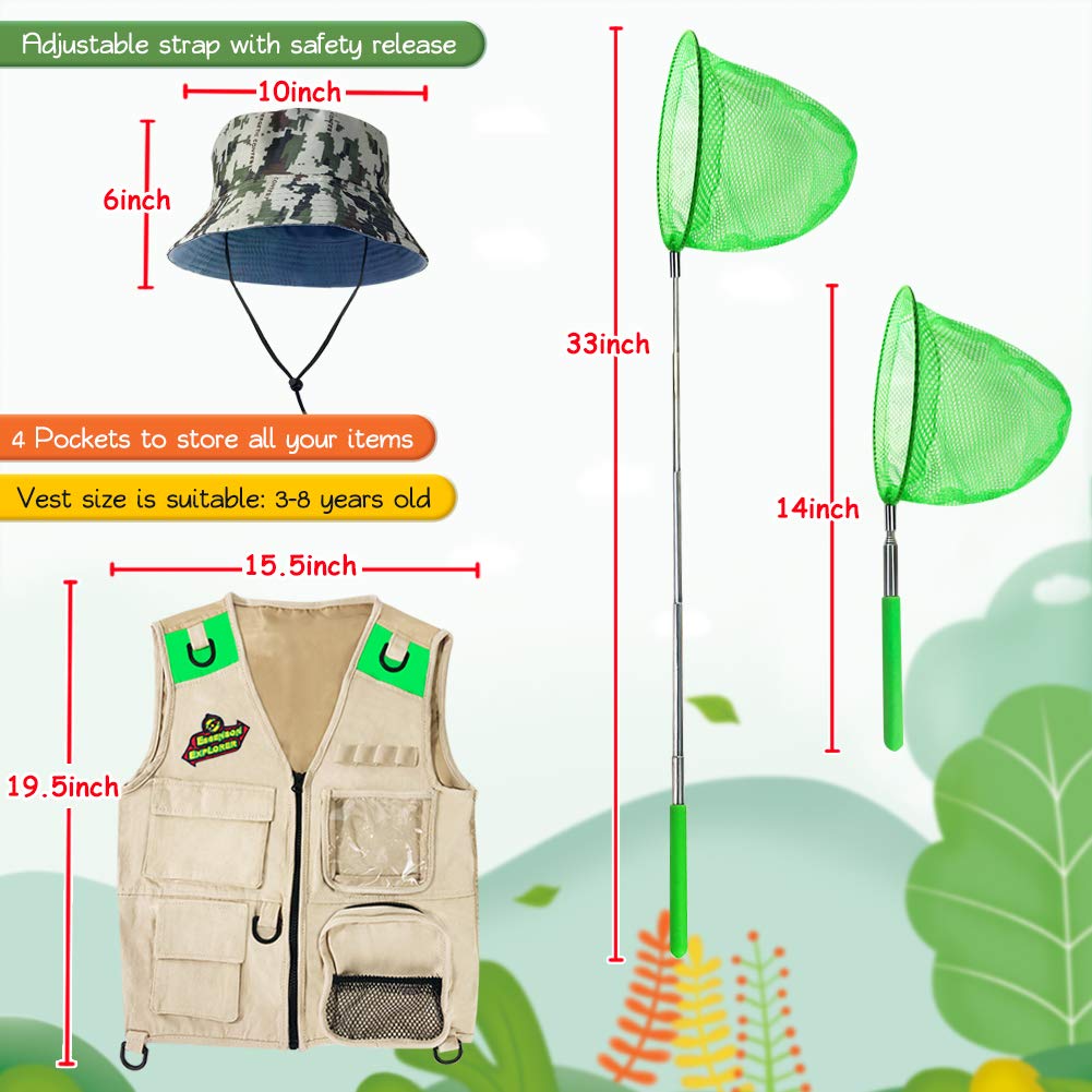 Outdoor Explorer Kit & Bug Catcher Kit with Vest, Outdoor Toy Gift for 3 4 5 6 7 8+ Year Old Boys Girls Kids Binoculars, Magnifying Glass, Butterfly Net, Camping, Adventure