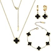 Otdwsd 18K Gold Plated Lucky Clover Jewelry Set Black White and Red Four Leaf Clove Bracelet Necklace and Earrings Fashion Birthday Gifts for Women