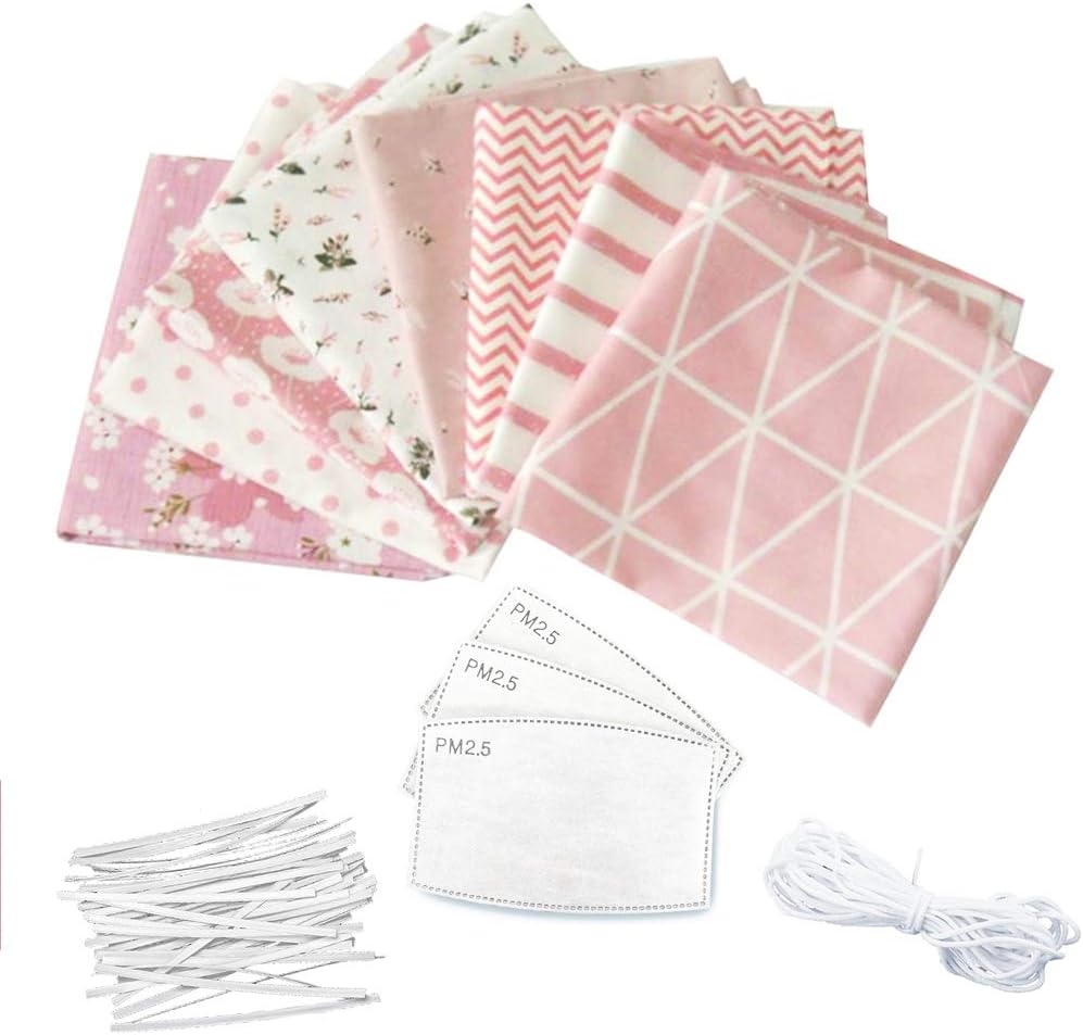 Junejour 8PCS Cotton Fabric Set 19.7x19.7 Inches Prints Flower Cloth Quilting Patchwork for Manual DIY Sewing Crafts with Nose Bridge Strip Elastic Band