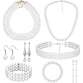 Aurelema 8 Pcs Pearl Necklace and Earrings Set for Women 1920s Costume Jewelry Bracelet Set for Wedding Birthdays Gifts