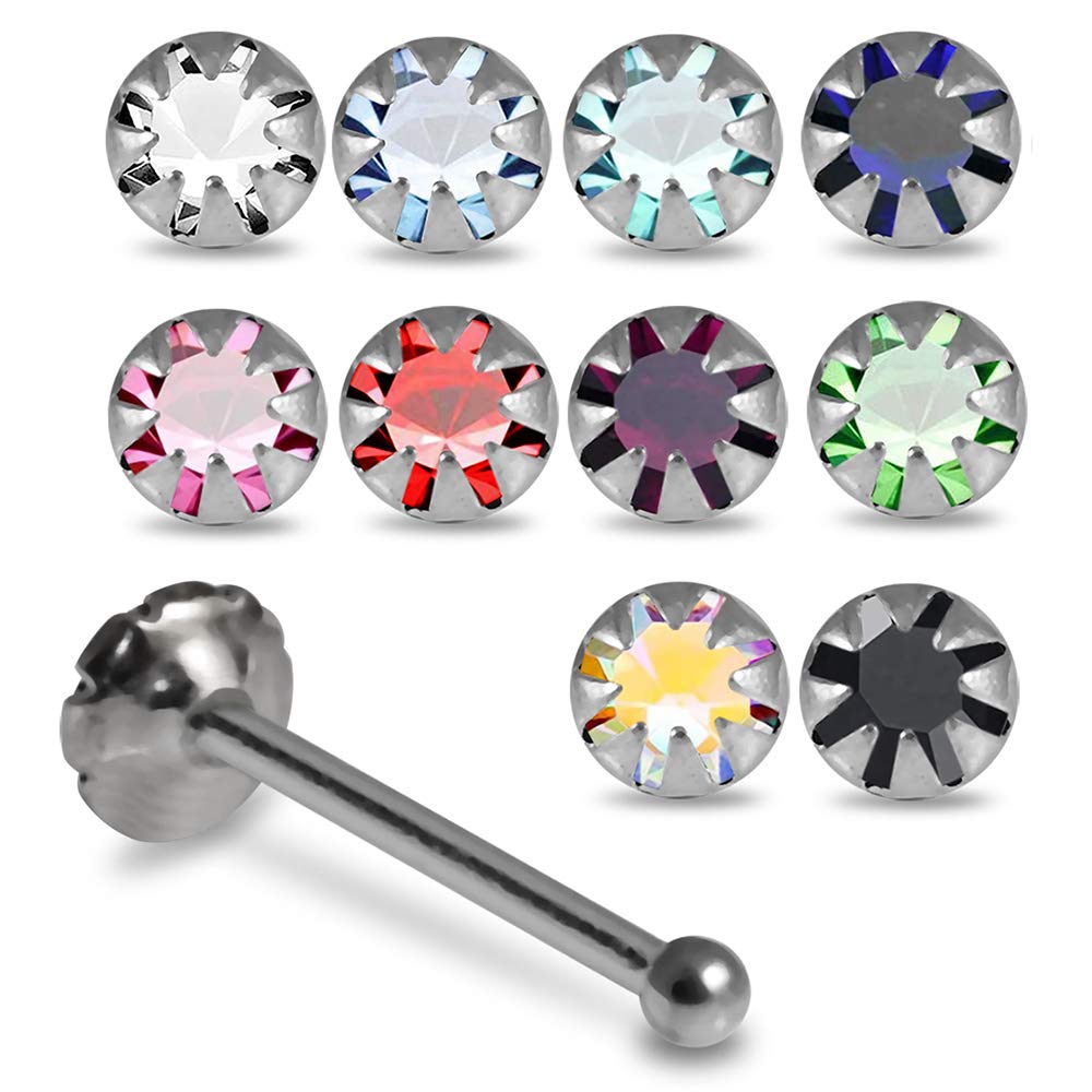 AZARIO LONDON 20 Pieces Box Set of 22 Gauge 925 Sterling Silver Flower Set Ball End Nose Pin Nose Stud Piercing