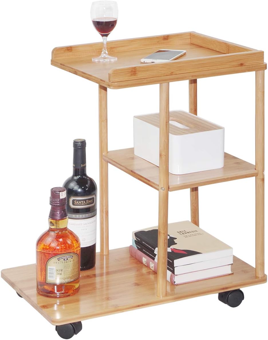 Bamboo Rolling Sofa Side Table Mobile Snack Coffee Tray End Table with Wheels for Living Room Bedroom Small Spaces