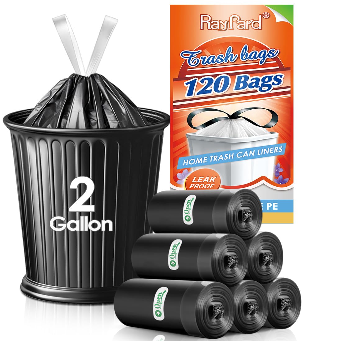 Photo 1 of 2 Gallon 120 Counts Strong Drawstring Trash Bags Garbage Bags by RayPard, Small Trash Bin Liners for Home Office Kitchen Bathroom Bedroom, Black