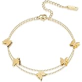 Rofusn Layered Chain Heart Butterfly Bracelet for Women, Stainless Steel Adjustable Dainty Link Chain Bracelet Wristband Anklet Jewelry