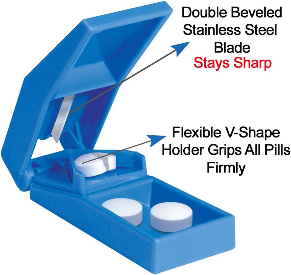 Apex Pill Splitter - Pill Cutter For Small Pills Thru Large Pills - Includes Long Lasting Double Beveled Stainless Steel Blade Splitter - Assorted Colors: Health & Personal Care