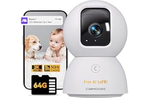CINMOORE 3K Pet/Dog Camera Indoor w/Phone App, No Monthly Fee 64GB Local Storage & AI Tracking Face ID, 2.4/5GHz WiFi Cameras for Home Security Baby Monitor, Pan/Tilt, 2-Way Talk