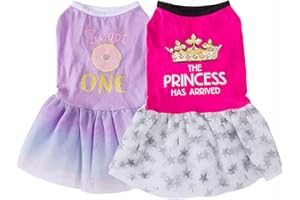 JUOMIIEL 2 Pcs Girl Dog Dress Shirt Dog Princess Dress with Ruffles Chihuahua Dress Holiday Theme Pet Clothes with Tulle XS Yorkie Clothes Apparel Outfits for Small Girl Dogs Sundress Puppy Cats Dress