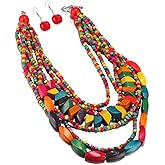 COLORFUL BLING Handmade Multi-Layer Chunky Wooden Beads Bib Necklace Earrings Set African Statement Collar Choker Multi Strand Necklace Boho Jewelry