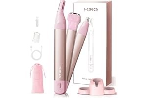 HEBECA Nose Hair Trimmer for Women 3in1 Facial Hair Removal Trimmers- Rechargeable, Waterproof, Portable with Travel Bag- Trims Nose, Ear, Eyebrow, Peach-Fuzz, Lips, Chin Face Hair Remover (Rose Pink)