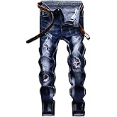 N//C Jeans Men Ripped Denim Pants Straight Slim Fit Regular Distressed Comfort Flex