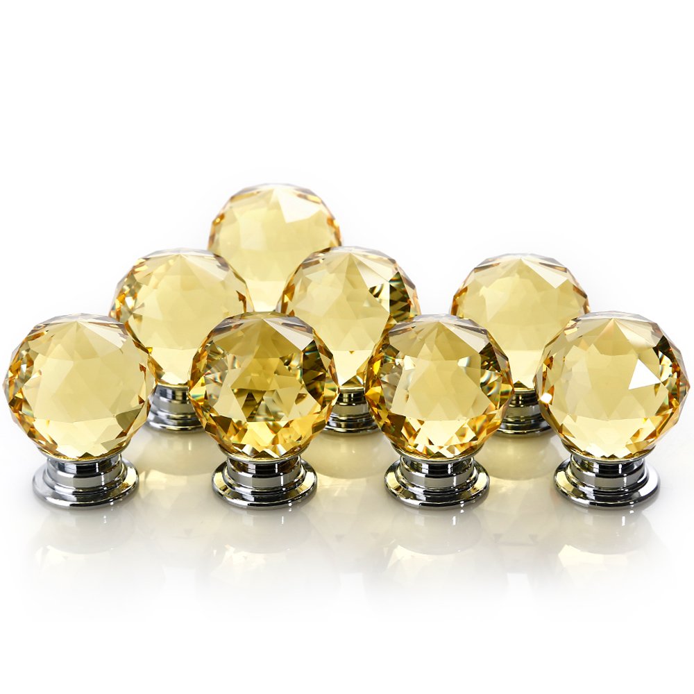 Crystal Door Knobs, 8 X 30MM Crystal Glass Diamond Cut Door Knobs Kitchen Cabinet Drawer Knobs with Screw for Home Decorating, Yellow