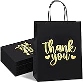 QIELSER Thank You Gift Bags Bulk 50 Pcs Medium, Gold Foil Thank You Black Paper Bags with Handles for Retail Shopping, Wedding, Baby Shower Holiday, Party Favors, Size 8x4.75x10 Inches