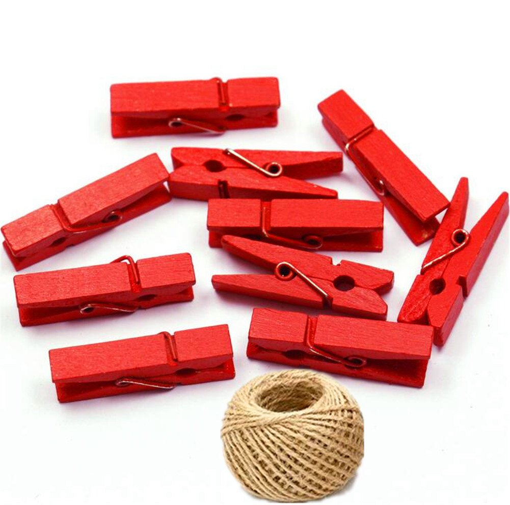 100 Colored Wooden Mini Pegs Clothespins Craft Photo Clips with 20 meters Jute Twine for Craft Rustic Decoration (Red)