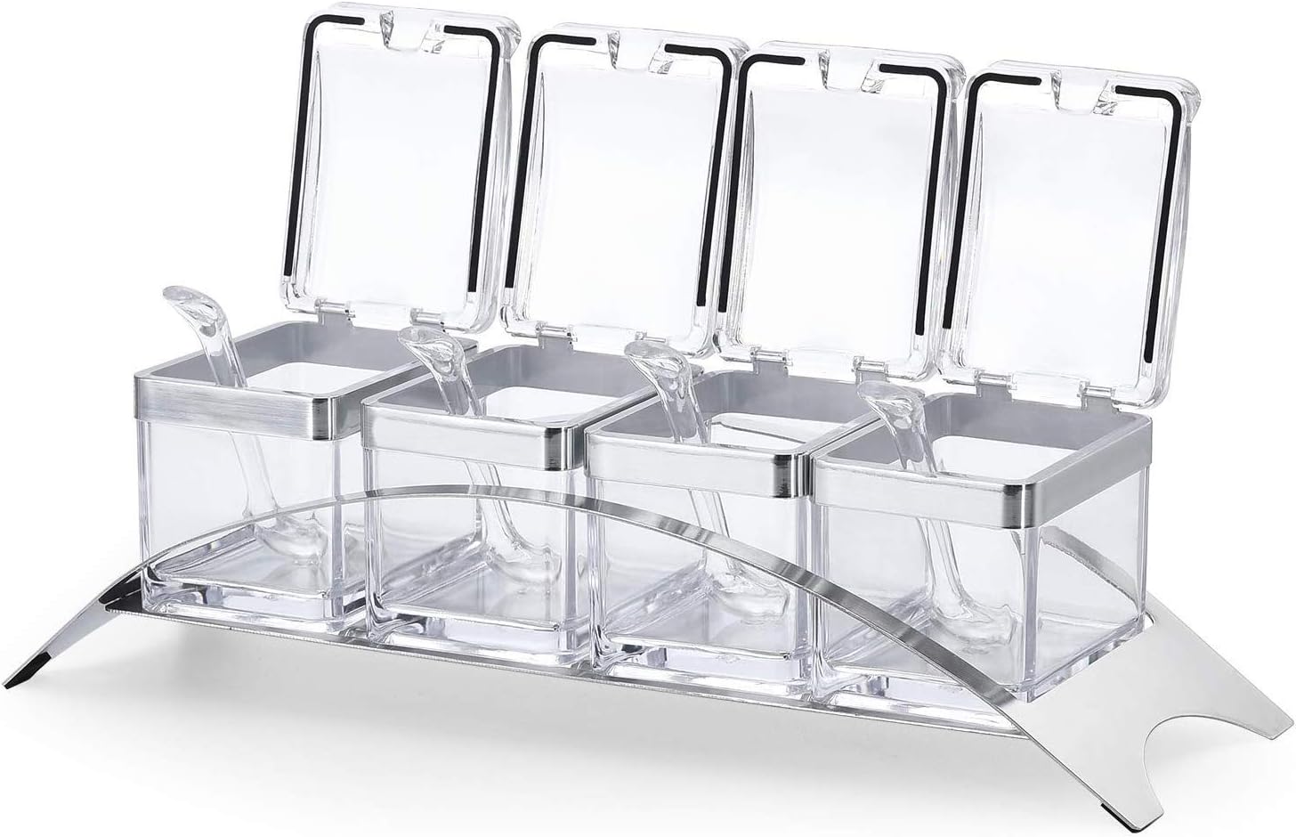 Tenta Kitchen Condiment Pots Restaurant Hotel Salt Sugar Container Set Seasoning Box Spice Jars Set -Acrylic Pots 18/8 Stainless Steel Base- Spice Jars Set of 4