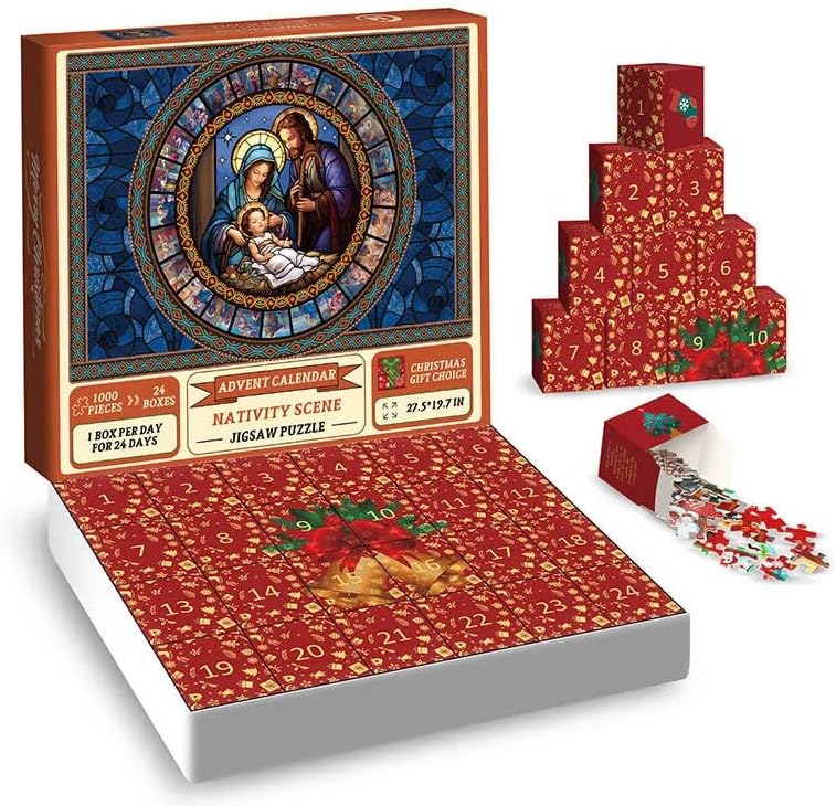Advent Calendars - Christmas Nativity Scene Jigsaw Puzzle 1000 Pieces, Christmas Advent Calendar 2023 Jigsaw Puzzles for Kids Adults, 24 Days Countdown Calendar, Christmas Countdown Puzzles Decorations (A)