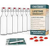 Otis Classic Swing Top Glass Bottles - Set of 6, 16oz w/Marker & Labels - Clear Bottle with Caps for Juice, Water, Kombucha, Wine, Beer Brewing, Kefir Milk or Eggnog