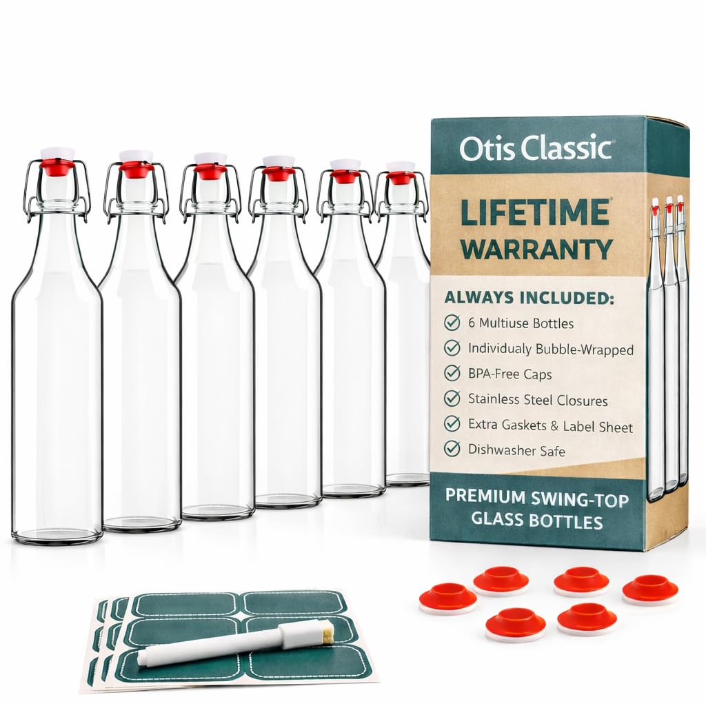 Otis Glass Bottles w/Stoppers - Set of 6 w/Plastic Swing Top for Home Brewing, Water & Kombucha - Flip Top 16oz Glass Bottle w/ 6 Bonus Gaskets