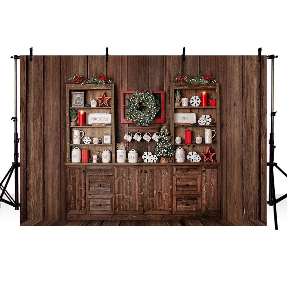 AIBIIN 7x5ft Christmas Photography Backdrop Showcase Cup Gifts Garland Vintage Wooden Display Case Cupboard Kitchen Family Party Decoration Supplies