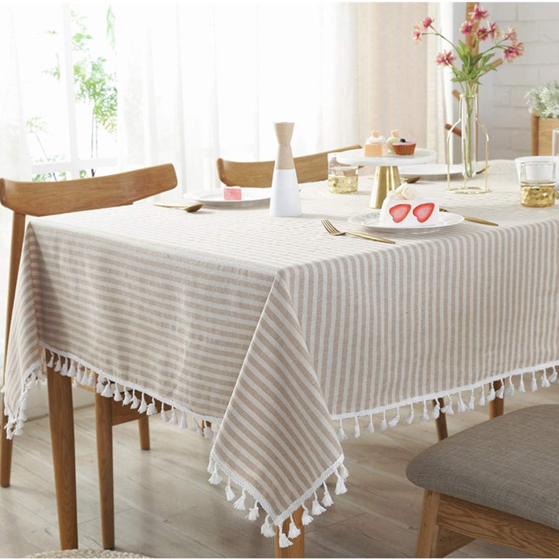 BringsineStripe Tassel Tablecloth Cotton Linen Stain Resistant Dust-Proof Table Cloth Cover for Kitchen Dinning Tabletop Decoration (Rectangle/Oblong,55 x 79 Inch, Beige)
