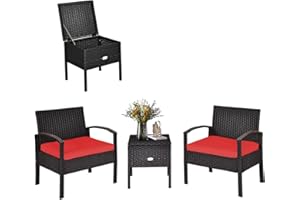COSTWAY Rattan Patio Furniture Set 3 Pieces, Wicker Conversation Set with Tempered Glass Coffee Table, Seat Cushions, Outdoor Chair Wicker Sofa for Backyard Balcony Porch Poolside, Red