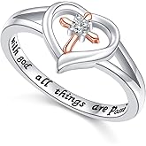 Alphm S925 Sterling Silver Heart Cross Inspirational Faith Bible Verse Christian Rings for Women Jewelry Teen