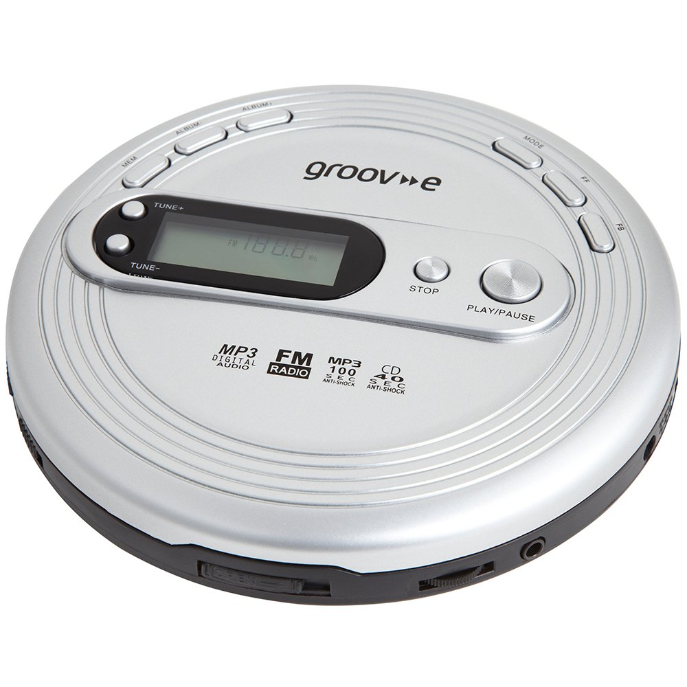 Groov-e RETRO Radio CD Player - Personal FM Radio with CD-R, CD-RW, & MP3 Music Playback - Anti-Skip Protection, Programmable Tracks - Earphones Included - Micro-USB or Battery Powered - Silver