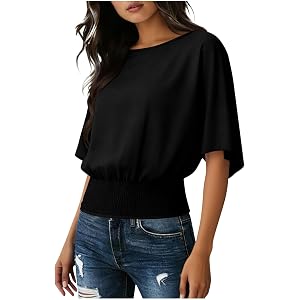 Short Batwing Sleeve Tops for Women Crew Neck Flowy Blouses Plus Size Casual T Shirts with Elastic Waistband Hem