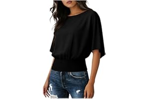 Womens Half Sleeve Tops Crew Neck Short Sleeve Shirt Elastic Waist Ruched Hem Blouses Loose Soft Tunic Banded Bottom T-Shirts