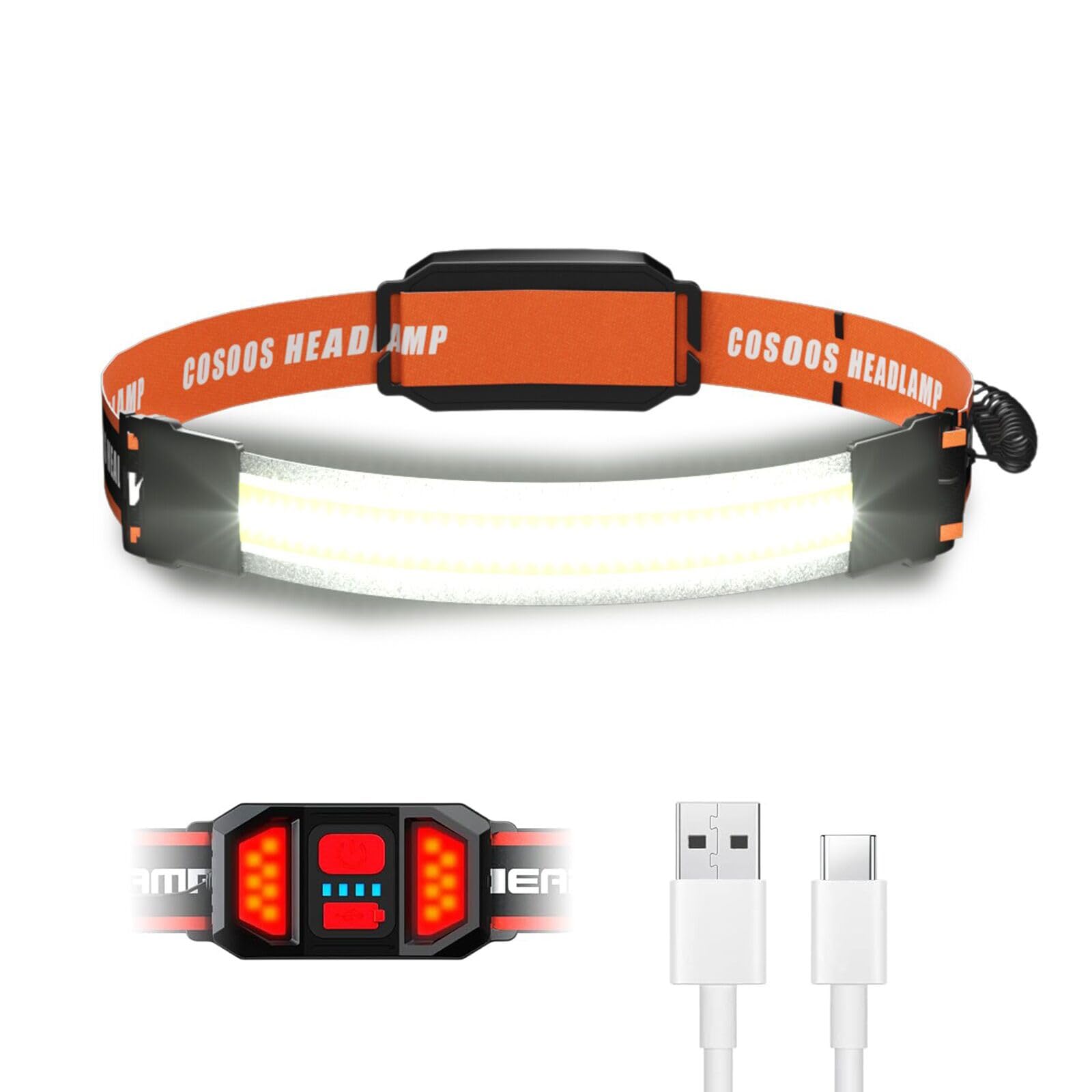 Photo 1 of COSOOS Rechargeable Headlamp Flashlight, Bright Wide Beam LED Head Lamp, Adjustable Headband for Adults & Kid, Red Tail Light, 500Lumen, Lightweight Headlights, Outdoor Hiking Camping Gear