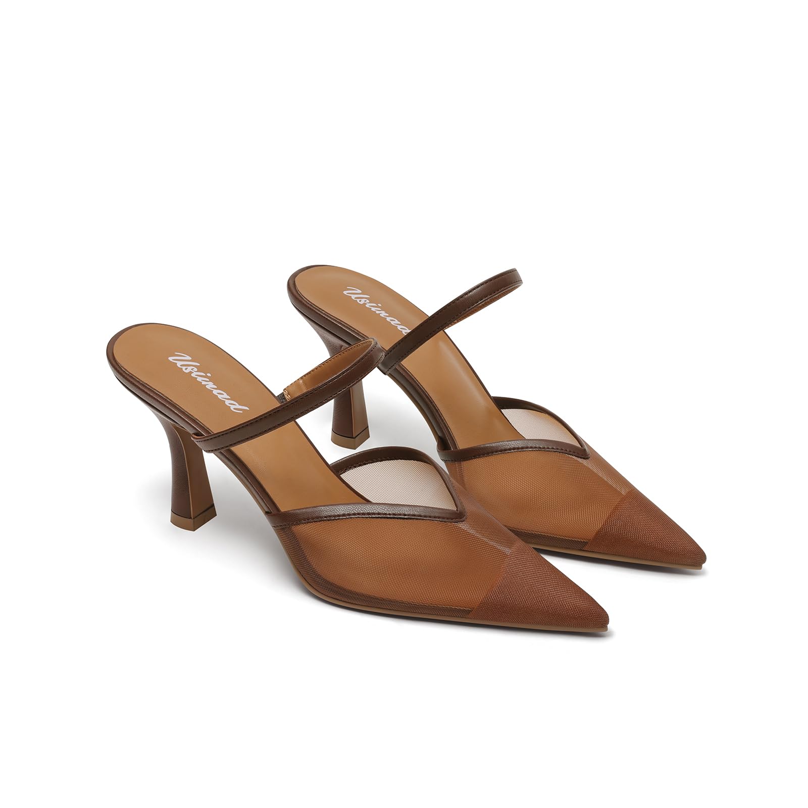 Photo 1 of ***(HEAVILY USED/ MINOR DAMAGE)***USIMAD Women's Brown Mesh Mule Heels with Memory Foam Insole Pointy Toe Arch Support 7