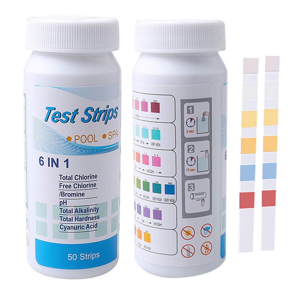 nuoshen 6 in 1 Pool Spa Hot Tub Water Test Strips,Spa Test Strip for Total Chlorine, Residual Chlorine/Bromine, PH, Total Alkali, Hardness, Cyanuric Acid（50pcs）