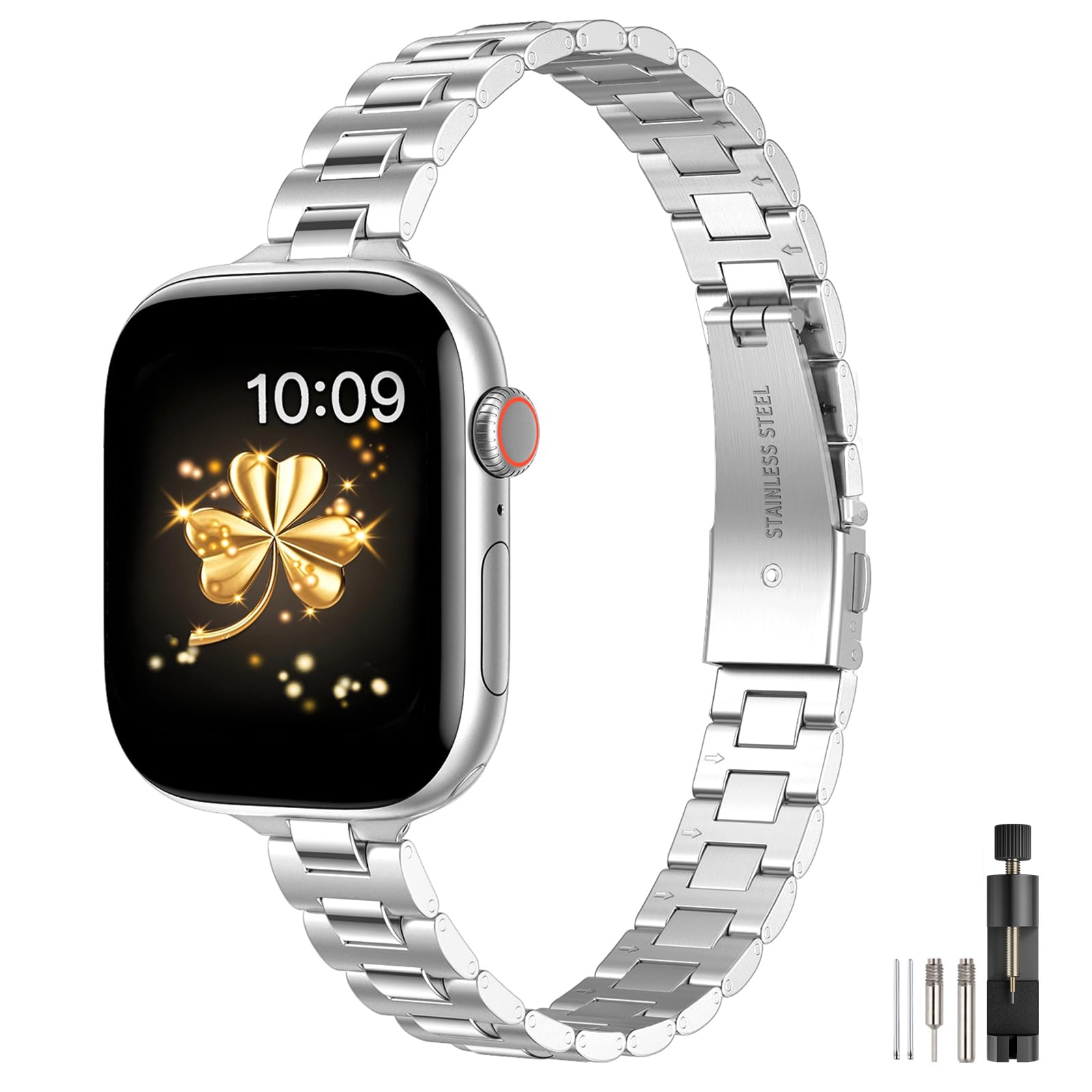 Photo 1 of WFEAGL Slim Metal Watch Band Compatible with Apple Watch 38mm 40mm 41mm 42mm(Series 11 10), Dressy Stainless Steel Strap for Women iWatch Bands Series10/9/8/7/6/5/4/3/2/1/SE (Silver)
